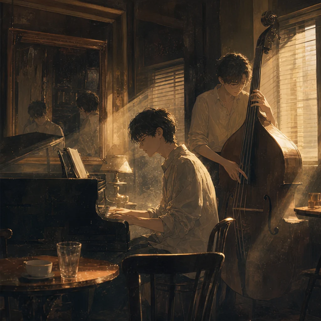 AI-generated anime jazz bar scene for dream becoming daily life with piano and bass