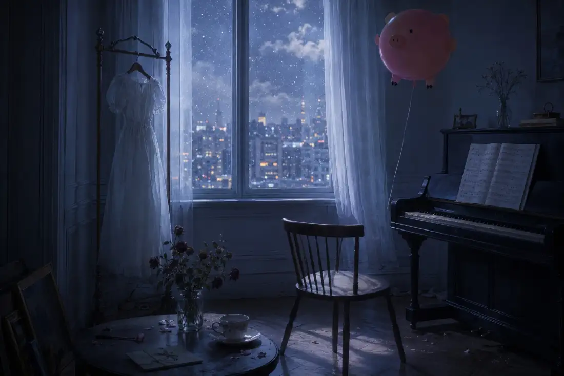 Empty blue room with piano and white dress