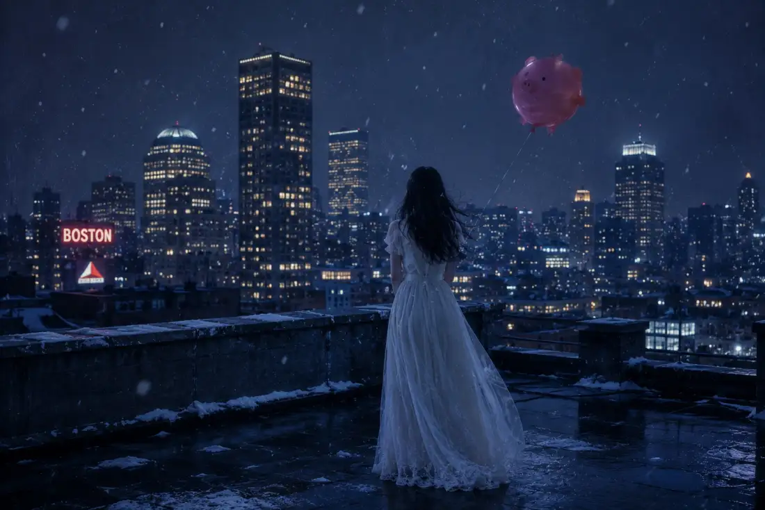 Boston rooftop night scene in snow