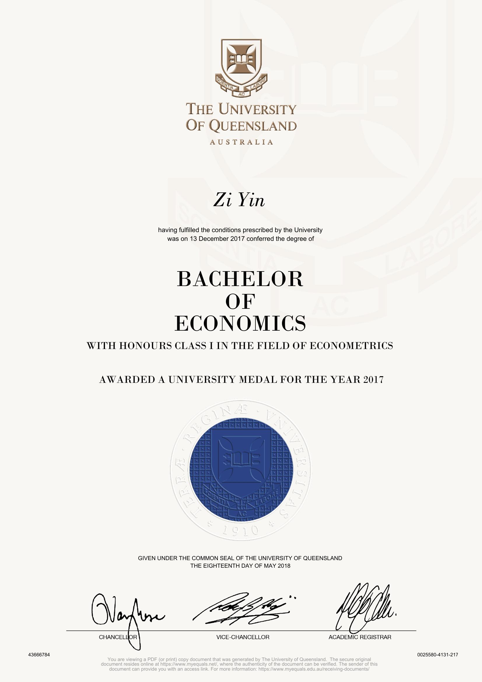 UQ Bachelor Medal